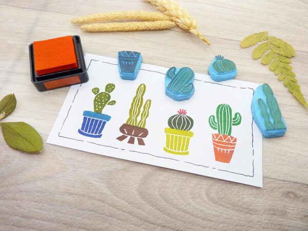 Lot de tampons encreurs "Les Cactus" (lot n°2) - collection plantes d'intérieur" (gravure sur gomme)