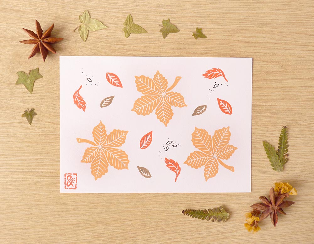 Carte postale automne en linogravure originale