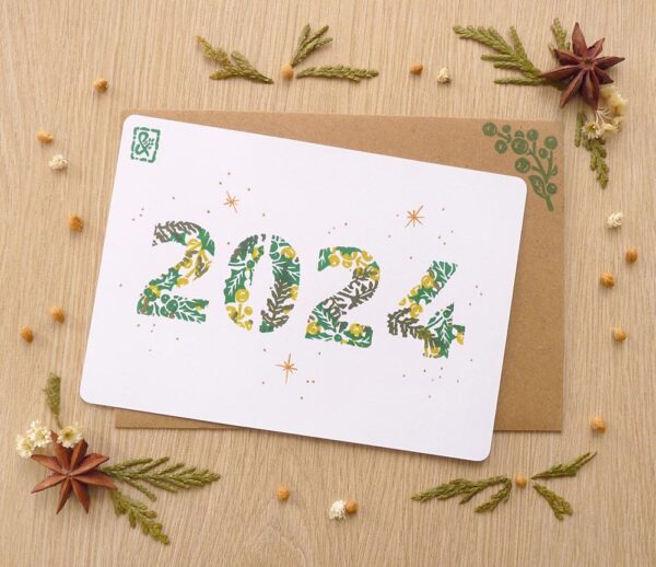 Carte postale "2024" avec enveloppe assortie - reproduction d'une linogravure originale